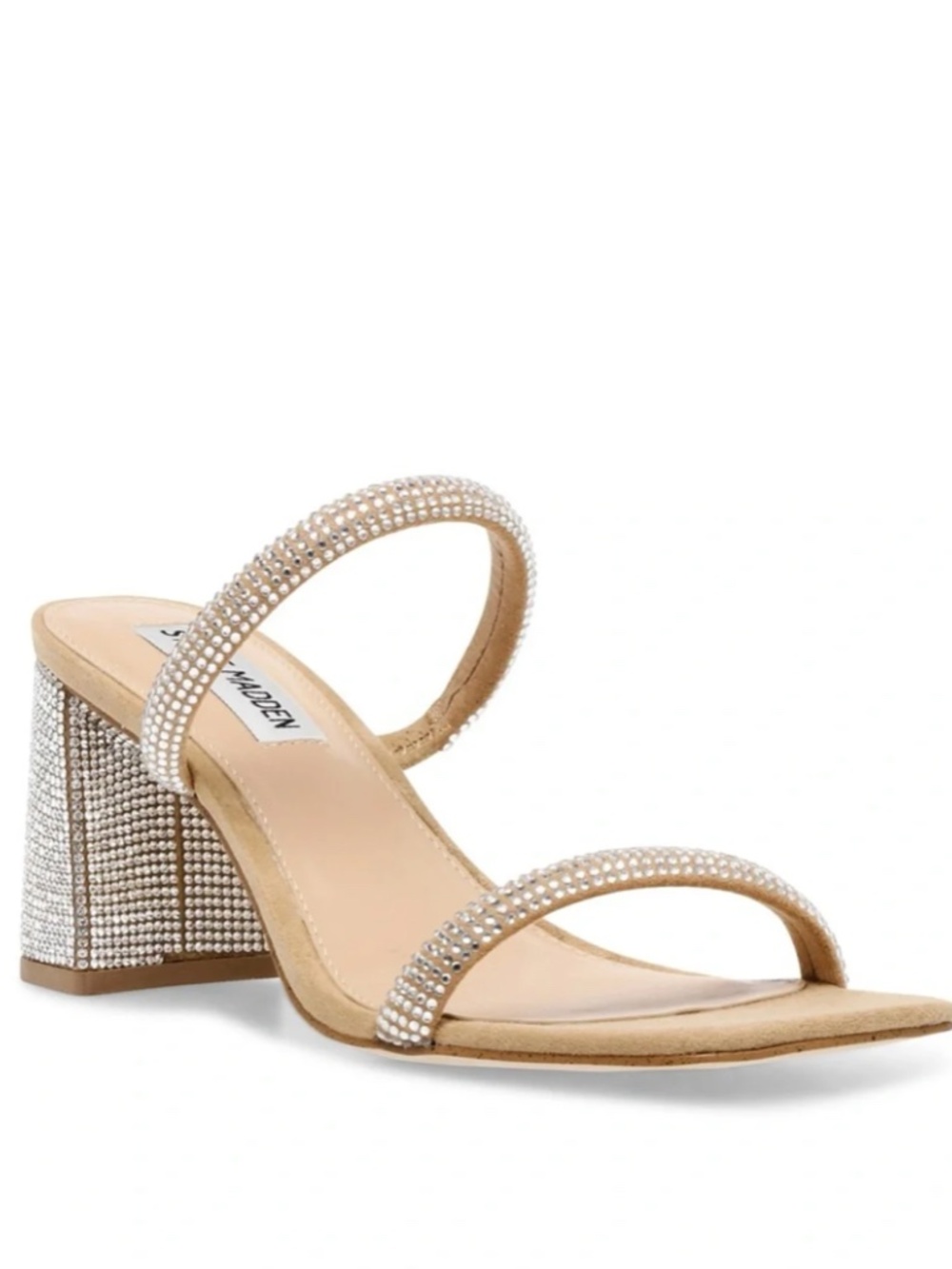 Steve Madden Lilah Heels Rhinestone Silver Tan Sandals Chunky Heel Party